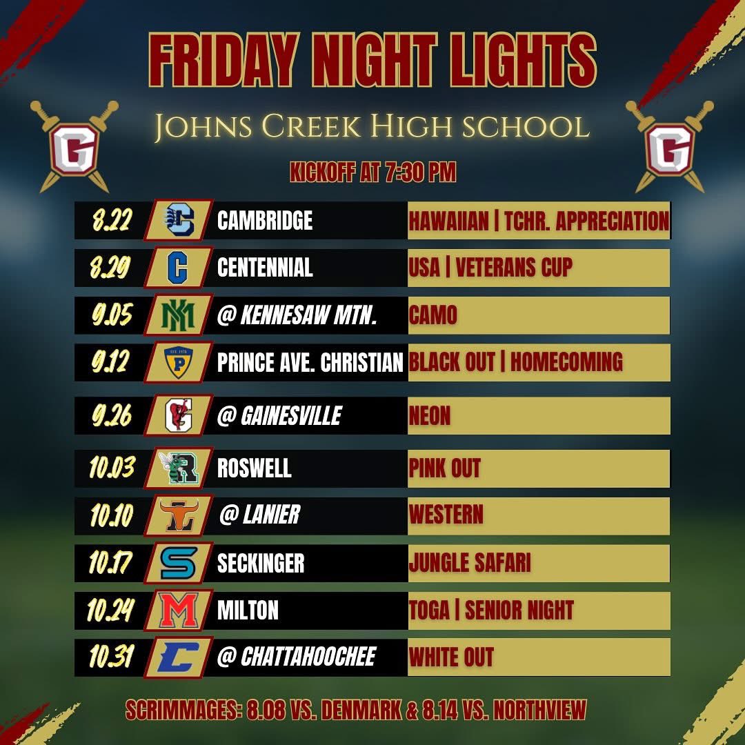 DrewZampieri's tweet photo. Football season starts this Friday, August 22. Come cheer on the Johns Creek Gladiators!  @JCFBRecruits https://t.co/ekX67wNX79