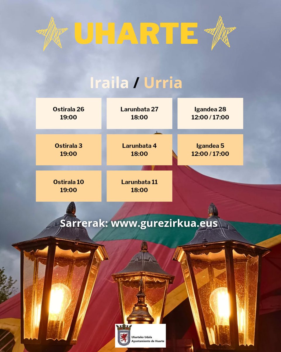 🎪📢 UHARTE... GURE ZIRKUA IRUÑERRIAn izango duzue beste urte batez!!

🗓 Irailak 26 - Urriak 11
⏰️ 10 emanaldi
📍 Kiroldegi ondoko aparkalekuan

🎫 SARRERAK: abuztuaren 20an, asteazkenean
➡️ gurezirkua.eus

🎪 #GureZirkua, 2025ean ere, NAFARROAn!!