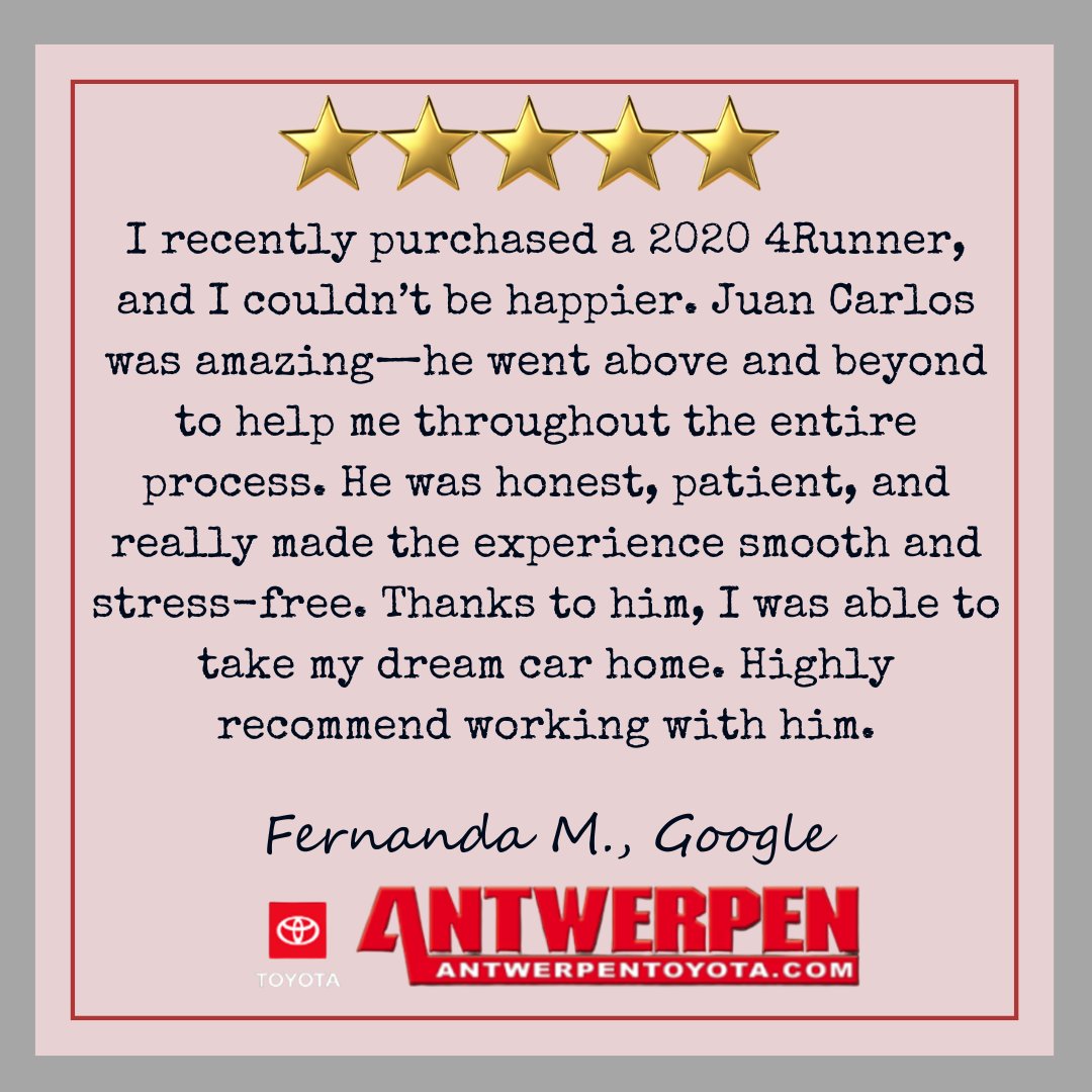 AntwerpenTS's tweet photo. Thank you, Fernanda. We’re thrilled to hear our team made your purchase smooth and stress-free. We appreciate your trust and are glad you’re enjoying your 4Runner. https://t.co/rMwgqMFh59