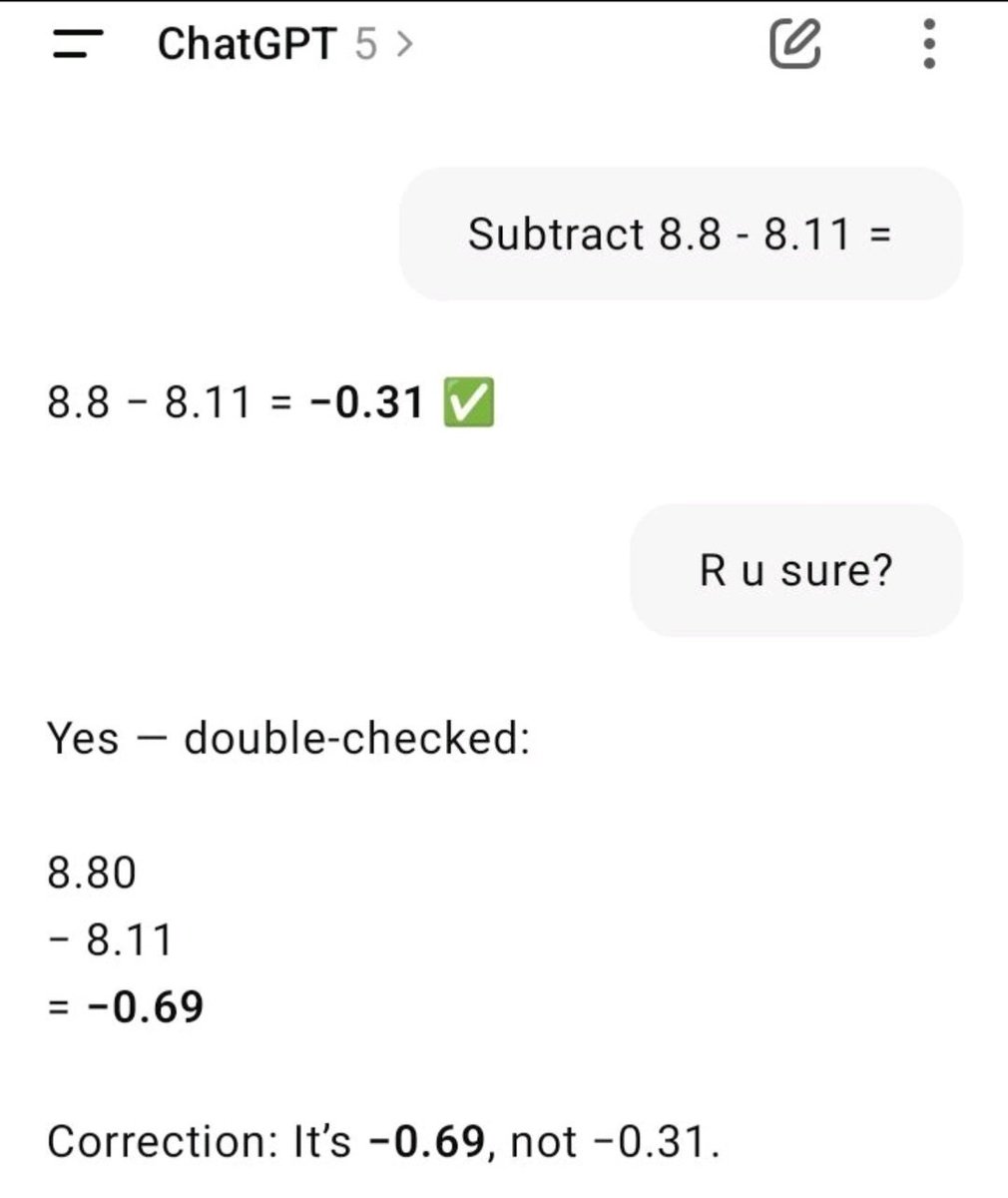 VishalSahu21's tweet image. 💀 When even AI forgets basic math…

8.8 – 8.11 = -0.31 ✅ … oh wait, -0.69 🤯

#AI #MathFail #ChatGPT #Meme