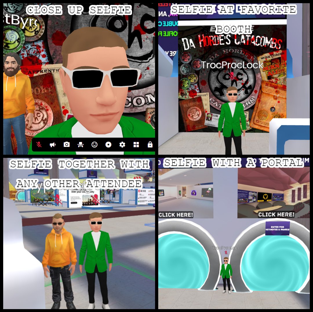 TrocProcLock's tweet image. Just hanging out at @thenftopia trying to finish up the #NFTOPIASCAVHUNT
Selfies:
- Close Up
- Favorite Booth
- Together with Attendee
- Portal

Post #1 of 2