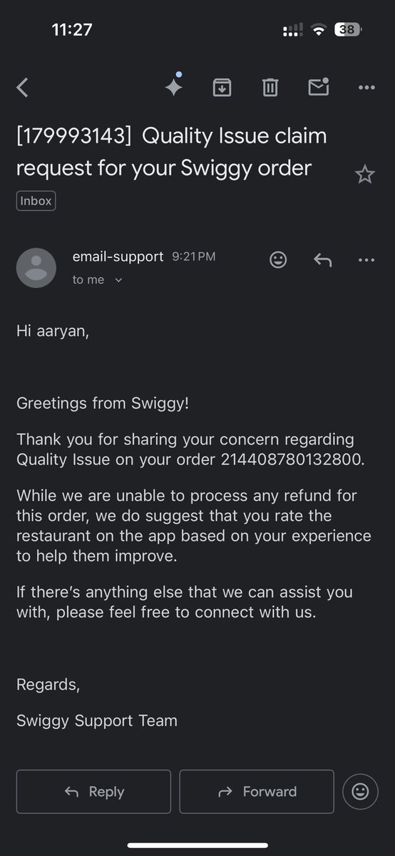 Aaxyxx's tweet photo. i order 2 waffles frm swiggy and got uncooked waffles and it was doughy and i rise a complaint and i talk with customer care and ask for a replacement and they said not possible, u can get compensation and sent email for it and i snt mail without any enquire they reject @Swiggy https://t.co/uOUHDfeJzq