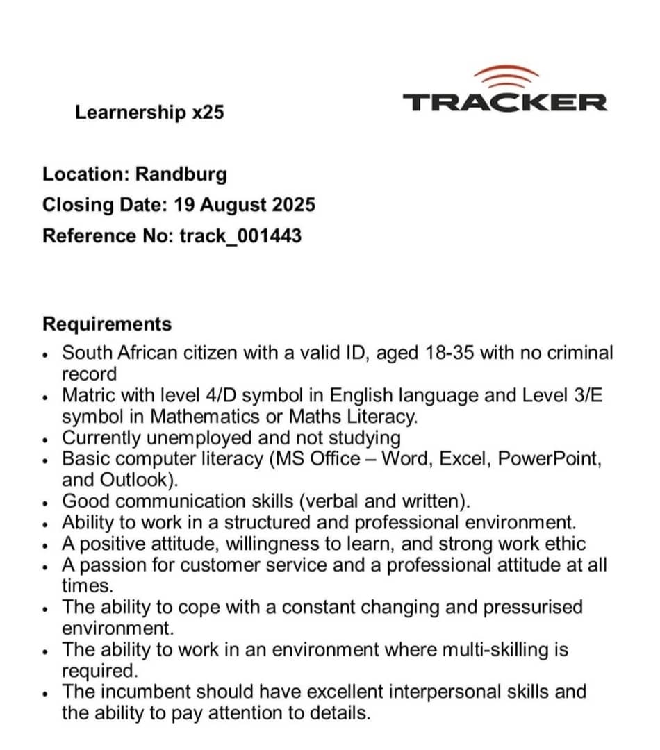 CarolBoitumelo1's tweet photo. 📌 Tracker Business Administration Services Learnership x25

Location: Randburg

Closing Date: 19 August 2025

Reference No: track_001443

Link To Apply: https://t.co/NgXhrgb3Fi https://t.co/ZfxM4uJNVn