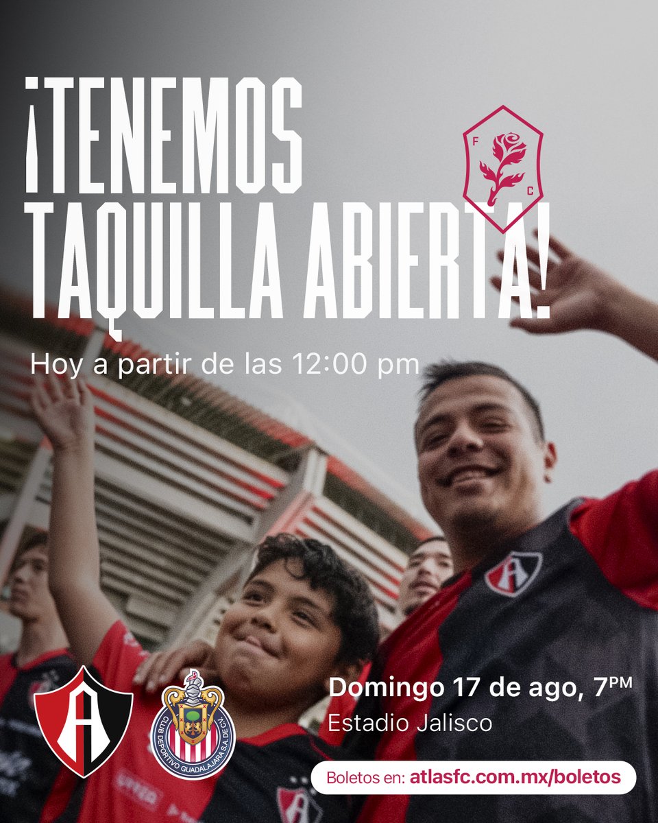 ¡El único Clásico de hoy es el Clásico Tapatío Femenil en El Jalisco! 🏟️

Fiel, abrimos la Taquilla del Monumental para que puedas adquirir tus entradas para el juego de esta tarde 🔴⚫️

Adquiere tus entradas por tan solo $100 en el Estadio o en atlasfc.com.mx/boletos