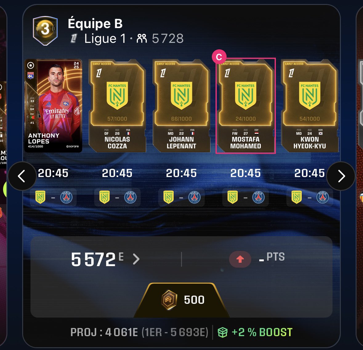 On part sur deux échecs pour la première streak Ligue 1 (le lob de Tosin qui passe à 2 cm du poteau…..) 

Mes canaris, vous avez un exploit à aller chercher maintenant 🤝

#Sorare26