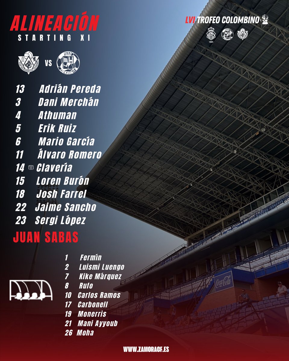 TROFEO COLOMBINO⚽️| 

¡Ya tenemos alineaciones oficiales para los primeros 45 minutos frente al <a href="/CPCacerenoSAD/">CP Cacereño 🟢🐉</a> !⚽️

Los elegidos por Juan Sabas serán los siguientes 🤩

#VamosMiZamora