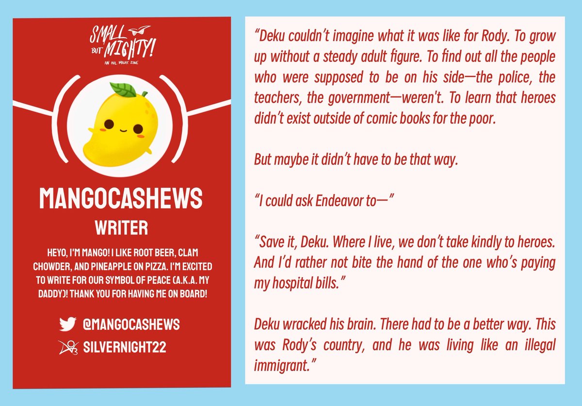 TheAllMightZine's tweet photo. 🌟 WRITER SPOTLIGHT 🌟

@mangocashews is on a mission to spread as much Toshinori love as possible! Stick around and see how her words fly off the page! ✨️ https://t.co/kcirr7sDg8