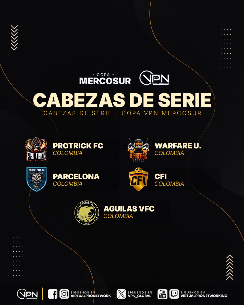 🏆 COPA MERCOSUR VPN 🏆

💥 YA ESTÁN DEFINIDOS LOS CABEZA DE SERIE 💥
Los mejores equipos de ARGENTINA, CHILE y COLOMBIA 🌎⚡ dirán presente en esta gran competencia internacional que hará vibrar al continente 🥵⚽

🇦🇷 ARGENTINA
⚡ Riestra ESP
⚡ Argendioses
⚡ Deportivo Rango
⚡