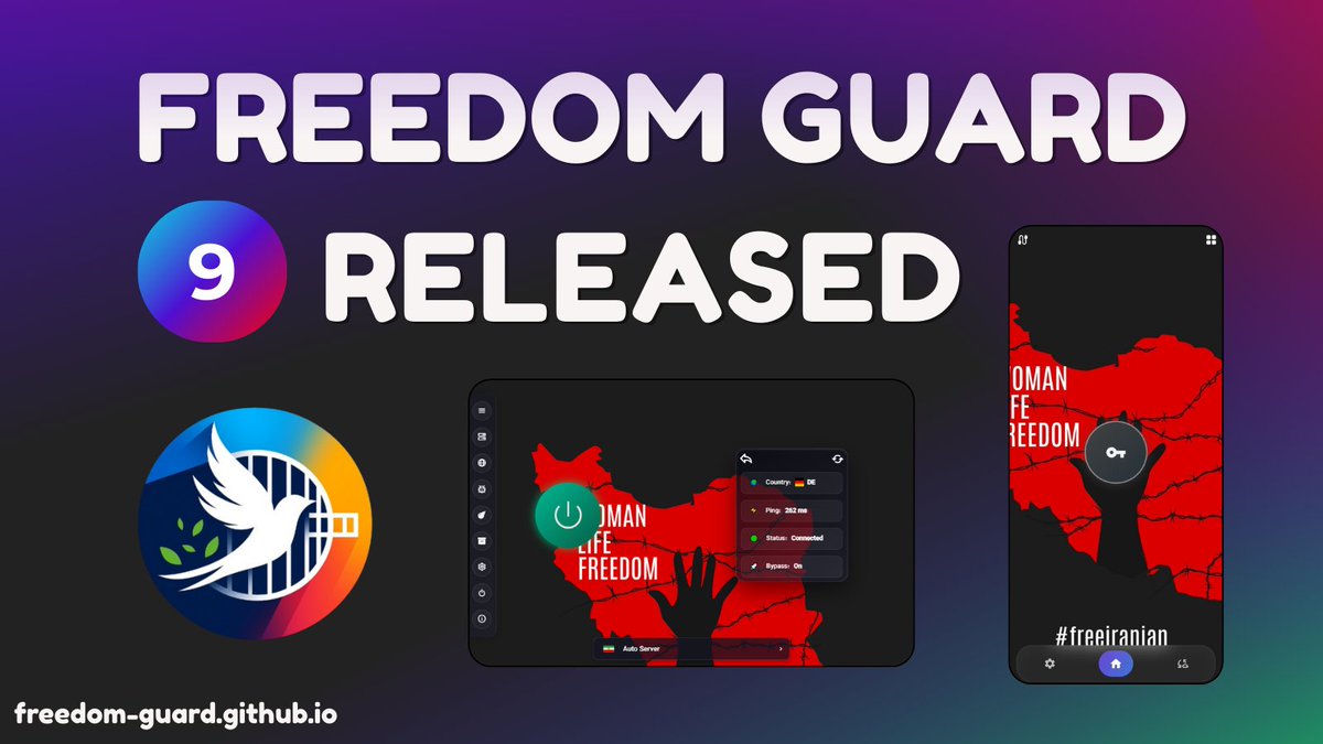 🎉 نسخه‌ی ۹ گارد آزادی منتشر شد!

اضافه شدن دکمه Share کانفیگ بعد از اتصال، اضافه شدن WARP، صفحه هاست چکر در موبایل، حالت ایمن برای هشدار کانفیگ‌های ناامن، پشتیبانی از اندروید TV و FakeDNS، و بهبود کلی رابط کاربری و کیفیت اتصال از جمله تغییرات این نسخه هستند.
#اینترنت_آزاد #آزادی