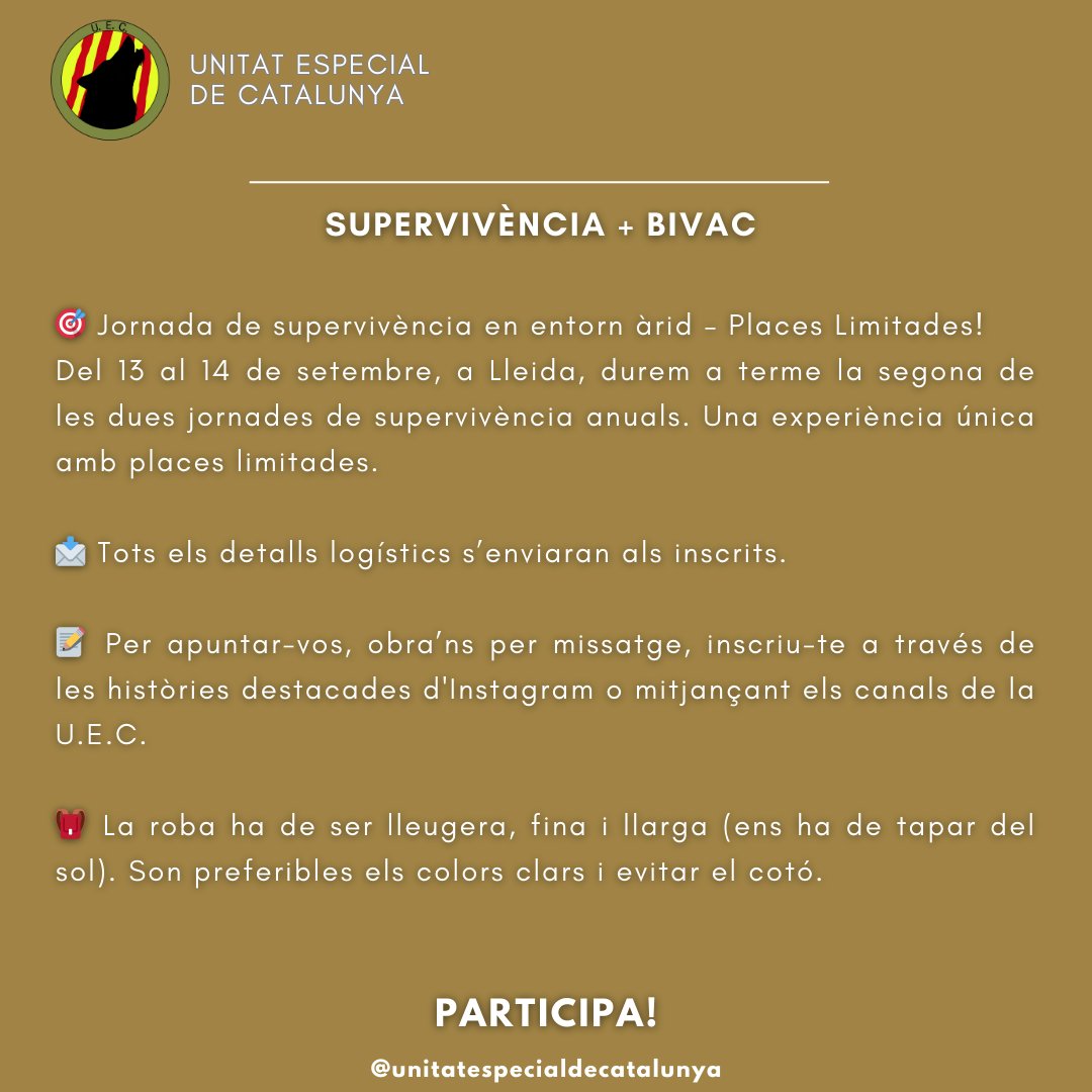 U_E_Cat's tweet photo. 🏜️ Inscriu-te a la jornada de supervivència en entorn àrid!

https://t.co/ZLer7rBdPB https://t.co/BvYeJpIWGl