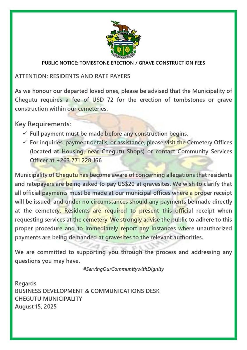 Chegutu Municipality is now charging a total of US$72 for erecting a tombstone or constructing a grave at any of its cemeteries.