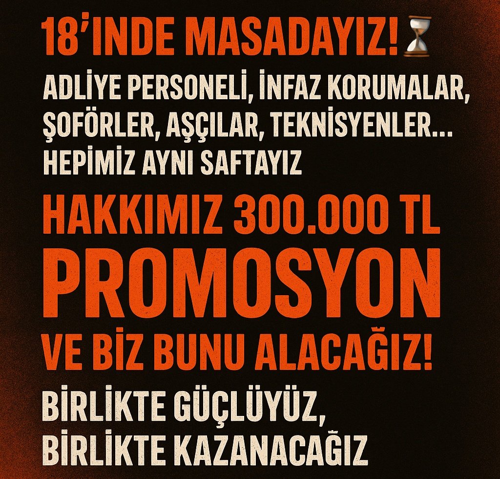Bizler adaletin sessiz bekçileriyiz.
Görünmeyen yükleri taşıyan bizlerin sesi çoğu zaman duyulmaz.
Ama hak arayışında sesimiz bir olur ve güçlü çıkar.
Promosyon talebimiz kararlılığımızın göstergesidir.
#AdaletKararlı300Bin