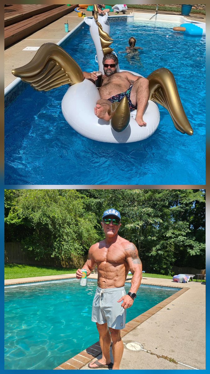 Ironhands57's tweet photo. Pool days look a bit different these days.  It was probably switching from Rum and Coke to High Noon......or the steroids.....Definitely wasnt the years of consistent effort, that would mean its achievable for most anyone? https://t.co/ZQNcQDGyxo