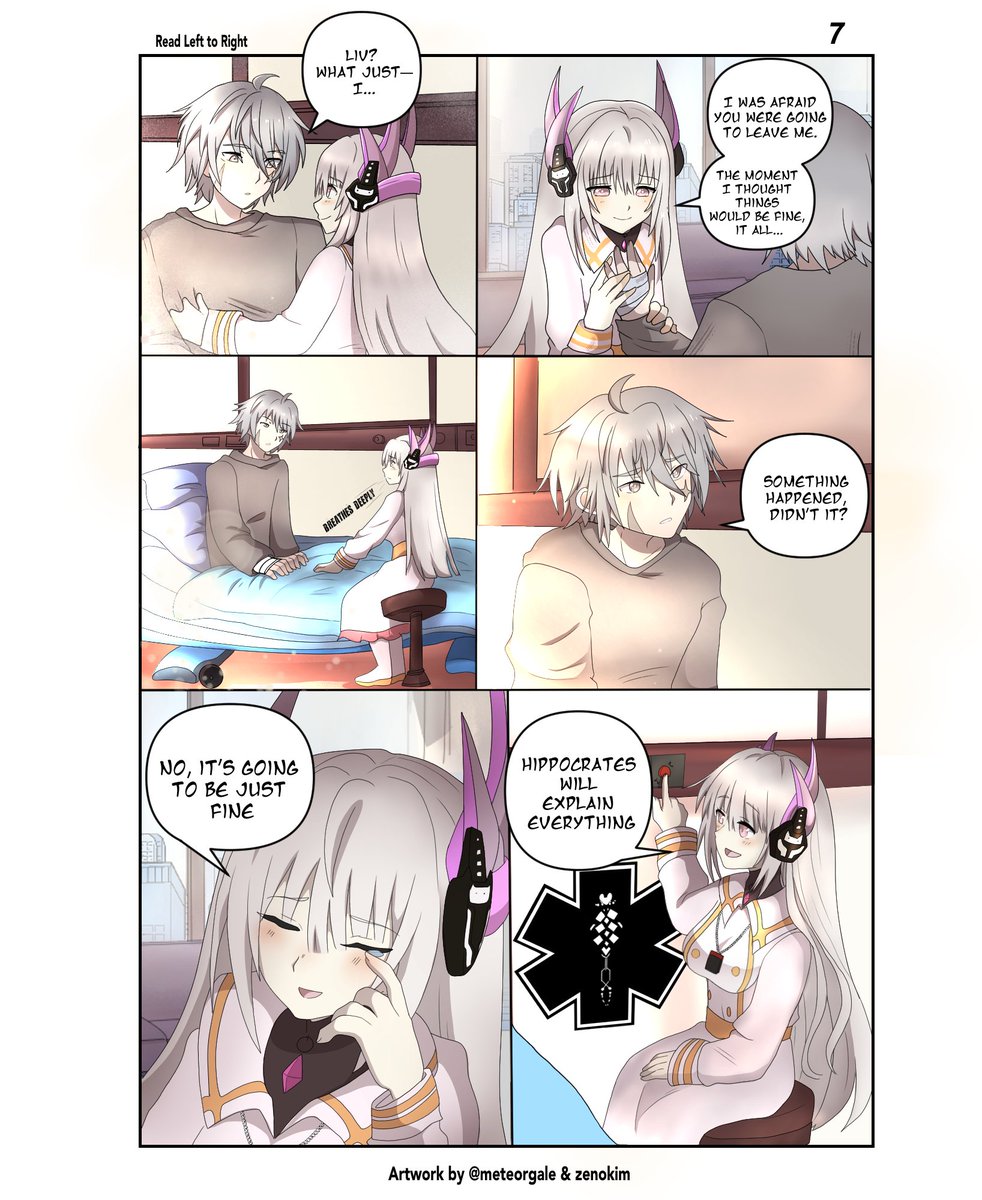 Realizing he's been hospitalized, Commandant seeks an explanation for his current state.

Page 7 of the PGR manga "Liv: In Sync with You"  

The artists are (me) meteorgale and (my friend) zenokim.  

#战双帕弥什 #パニグレ #PGRCC