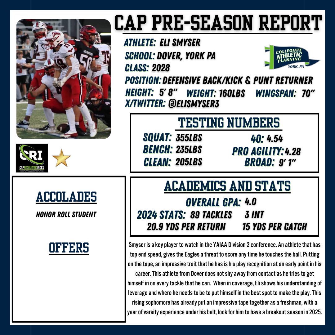 AFL York PA (@afl_yorkpa) on Twitter photo 🚨 CAP Athlete to Watch in 2025 🚨
2028
DB/Athlete
<a href="/elismyser3/">Eli Smyser</a>
Dover, York Pa
Hudl: hudl.com/profile/220312…
#OneGoal
<a href="/RussellStoner24/">Russell Stoner</a> <a href="/CoachCregger/">Ben Cregger</a> <a href="/coachCPowell2/">Chaz Miller-Powell</a> <a href="/CoachKAFL/">🇳🇬 Coach Kings ♤</a> 🚨 CAP Athlete to Watch in 2025 🚨
2028
DB/Athlete
<a href="/elismyser3/">Eli Smyser</a>
Dover, York Pa
Hudl: hudl.com/profile/220312…
#OneGoal
<a href="/RussellStoner24/">Russell Stoner</a> <a href="/CoachCregger/">Ben Cregger</a> <a href="/coachCPowell2/">Chaz Miller-Powell</a> <a href="/CoachKAFL/">🇳🇬 Coach Kings ♤</a>