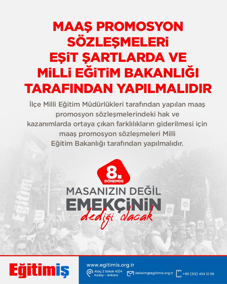 MAAŞ PROMOSYON SÖZLEŞMELERİ EŞİT ŞARTLARDA VE MİLLİ EĞİTİM BAKANLIĞI TARAFINDAN YAPILMALIDIR

Şube Müdürlüğü ve Şef kadrolarında görev alan personellere bu görevleri karşılığında ders niteliğinde yönetim görevi olarak ek ders ücreti ödenmelidir. Bu kapsamda Şube Müdürü