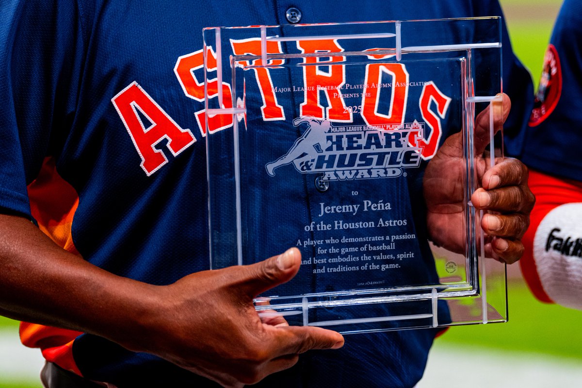 astros's tweet photo. The Heart &amp; Hustle of H-Town. 

Congratulations to Jeremy Peña on being selected as the 2025 Heart &amp; Hustle Award winner! https://t.co/2q9a1Uzgyd