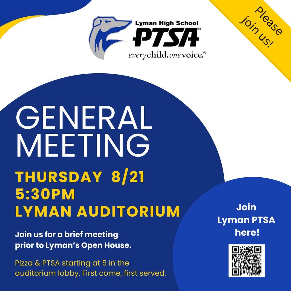LymanPtsa's tweet photo. Come join us for a brief Lyman PTSA meeting prior to Open House on Thursday August 21 at 5:30. Hope to see you there! https://t.co/y7P7YzizVU
