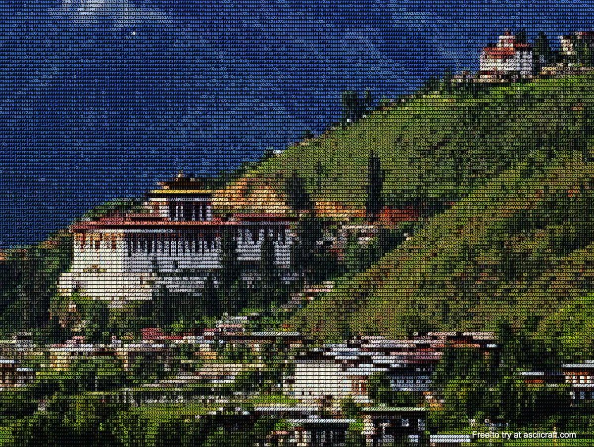 ASCIICrafter's tweet photo. #119 of Beautiful Places in ASCII Art:

Bhutan’s Paro Valley 🇧🇹

Emerald fields, monasteries on cliffs, prayer flags waving in the wind. ASCII carries the quiet spirit of the Himalayas.

Made with https://t.co/JuZNp5UWkr

#AsciiArt #ParoValley #Bhutan #Himalayas