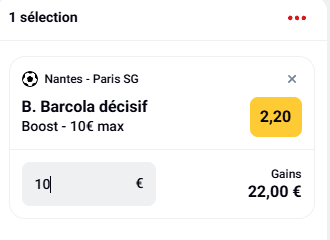 ACP_Bet's tweet photo. 🔥 Boost spécial @Betclic  !
👉 B. Barcola décisif
👉 Cote boostée à 2.20 (10€ max)
Un petit billet qui peut faire la diff 💸
#FCNPSG #TeamParieur https://t.co/ucoVNh2OZU