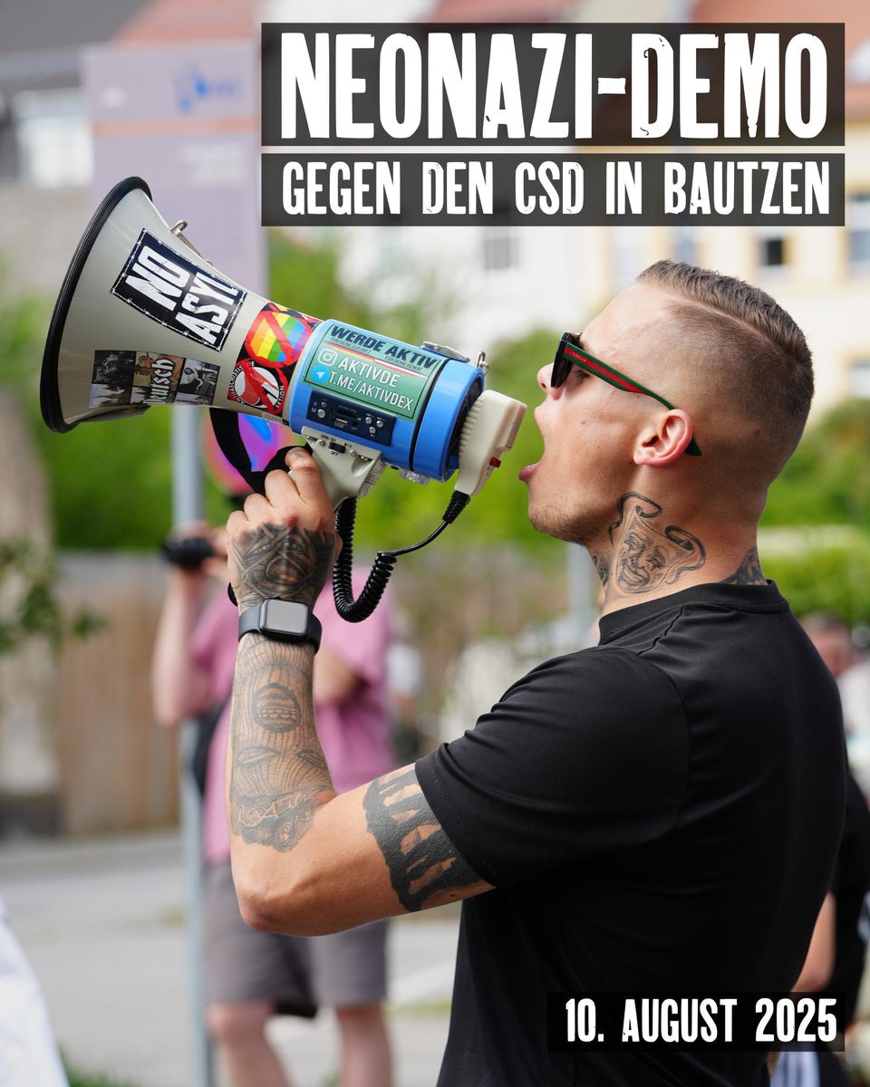 Am 10. August versuchten Neonazis, den CSD in #Bautzen zu stören. Die Anzahl der Teilnehmenden fiel mit einigen hundert Personen deutlich geringer aus als im letzten Jahr, tausende Menschen nahmen hingegen am CSD teil.

Bilder: recherche-nord.com/gallery/2025.0…