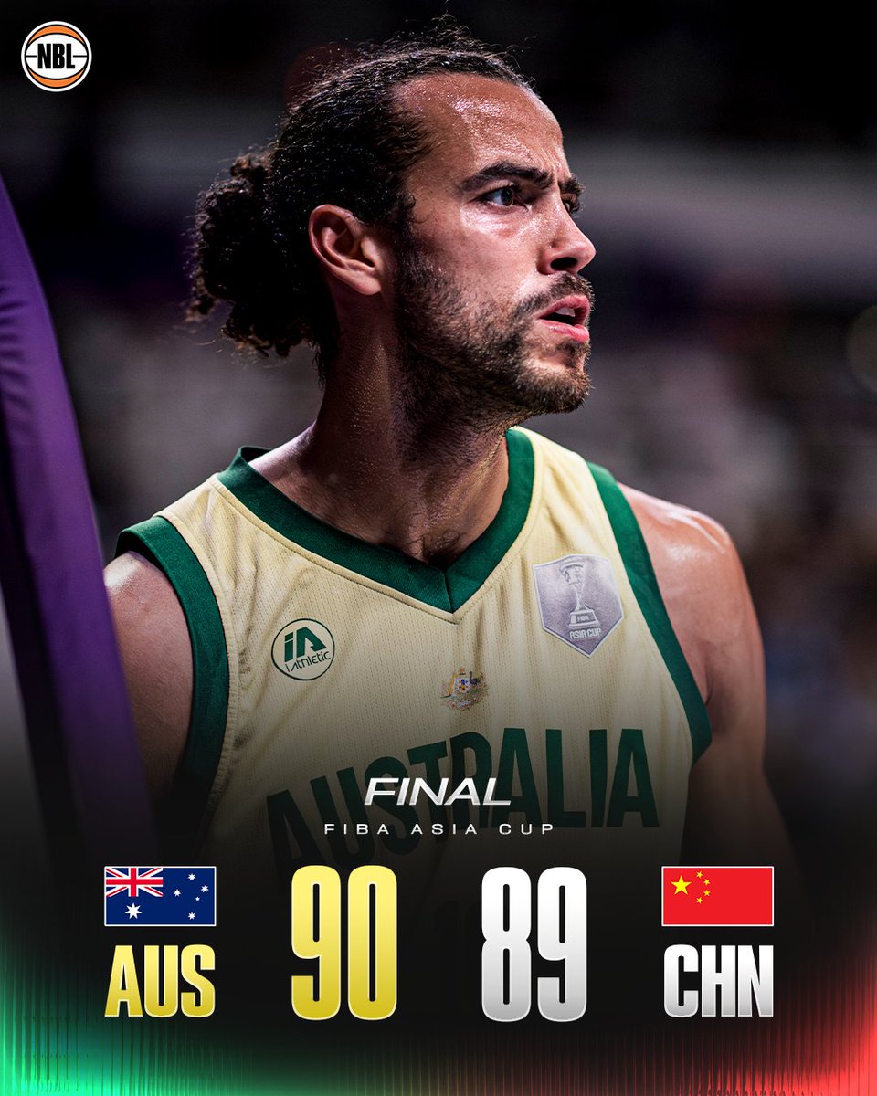 NBL's tweet photo. ASIA CUP CHAMPIONS 🏆

Australia have defeated China by one point in an absolute thriller to claim their third consecutive Asia Cup gold medal 🤯

@SydneyKings' Xavier Cooks was huge, finishing with 30 points and 9 rebounds 🔥 https://t.co/WkNSZvc5uW