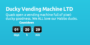 The duck vending machine LTD will be released in #Habbo this week.

This is the 2nd LTD released since the re-launch of the LTD feature.

Price unknown and quantity is unknown. 

<a href="/Habbo/">Habbo</a>