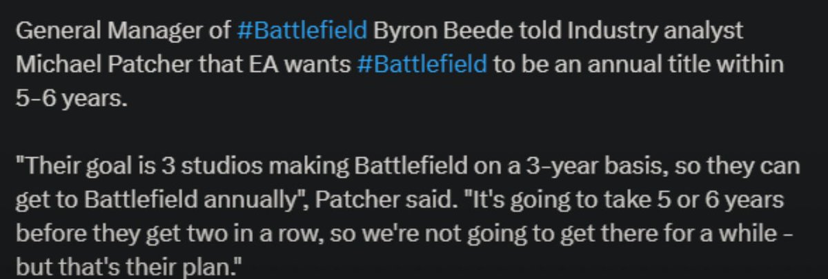 A new Battlefield every year…please no. Every 2 years at most.

This is exactly what turned CoD into the same mundane EOMM driven pile of rubbish that it is today - maximum cash, maximum retention, minimum fun.