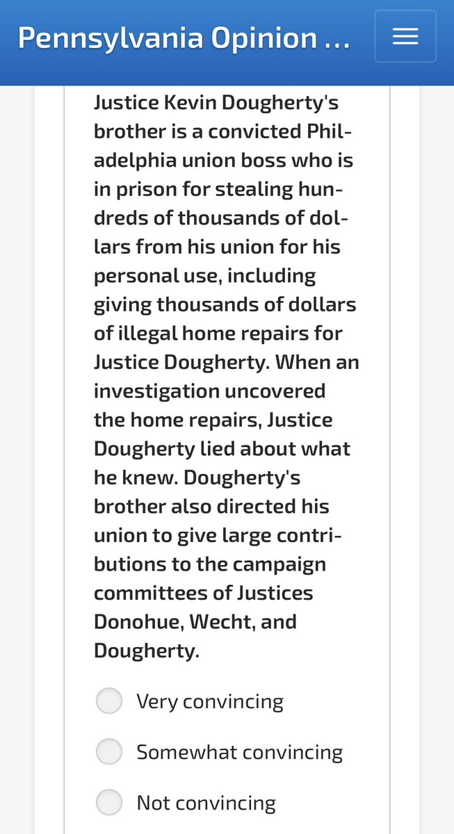 HOLY COW!

HOLY COW! 

My gut instinct &amp; intuition are spot on. 

Within 48 hours of my posting about Justice Kevin Dougherty’s brother serving prison time for embezzling $600,000 from his union, 

look at this poll that’s being sent out to Pennsylvania voters. 

I’m blown away.