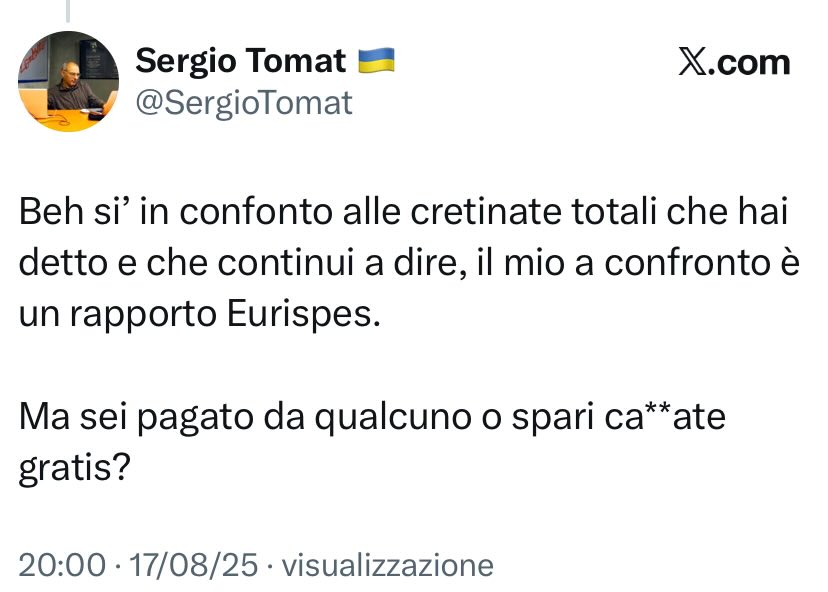 Sergio è convinto che l’Eurispes sia un organismo molto autorevole.
Dice Eurispes come se avesse detto OCSE o Consiglio d’Europa