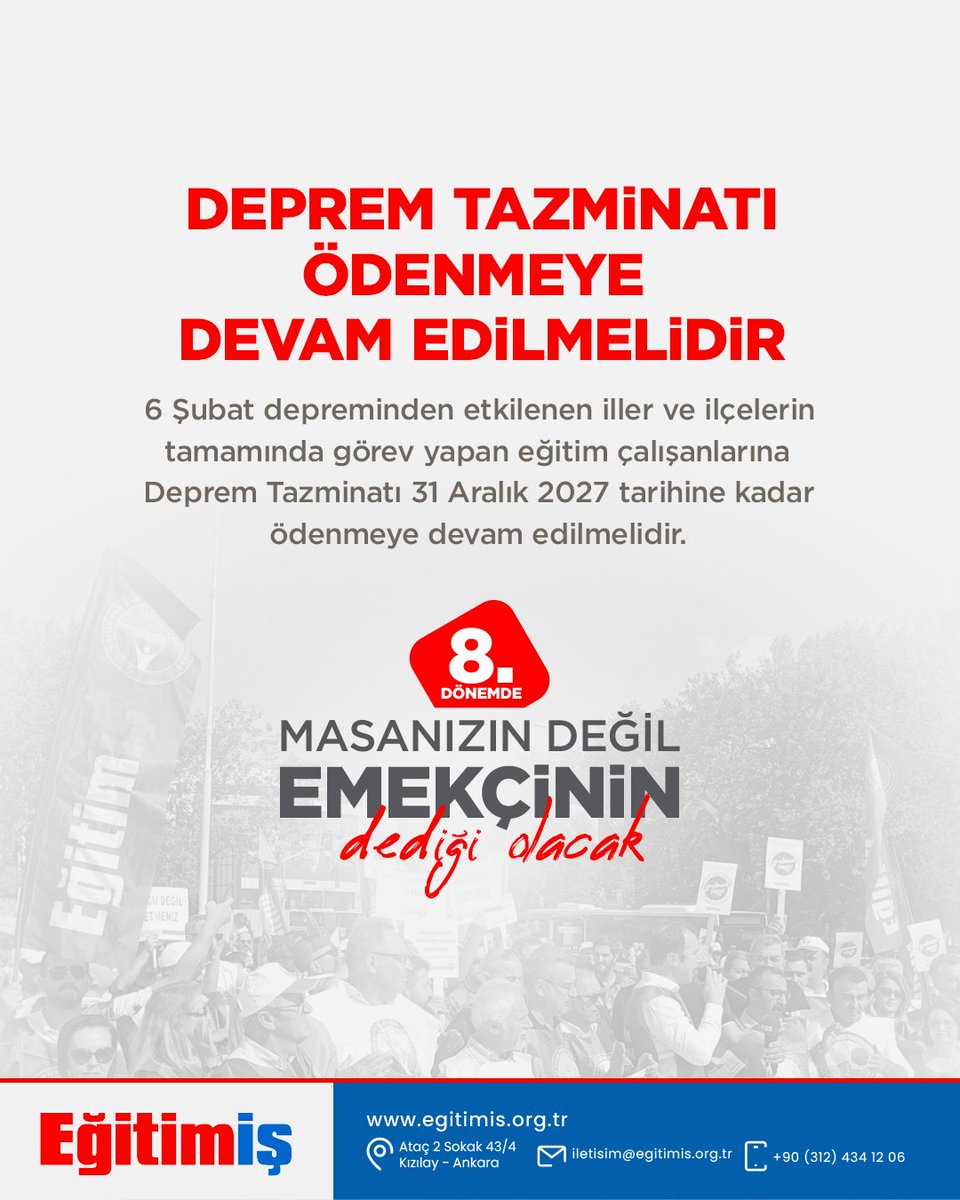 DEPREM TAZMİNATI ÖDENMEYE DEVAM EDİLMELİDİR

6 Şubat depreminden etkilen iller ve ilçelerin tamamında görev yapan eğitim çalışanlarına Deprem Tazminatı 31 Aralık 2027 tarihine kadar ödenmeye devam edilmelidir.

#SefaletTeklifineCevabımızGrev