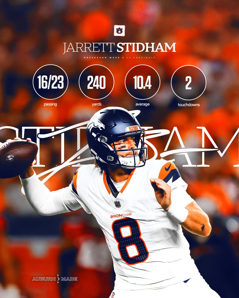AuburnFootball's tweet image. Have. A. Day. @Jarrett_Stidham 🎯

@Broncos | #AuburnMade🦅