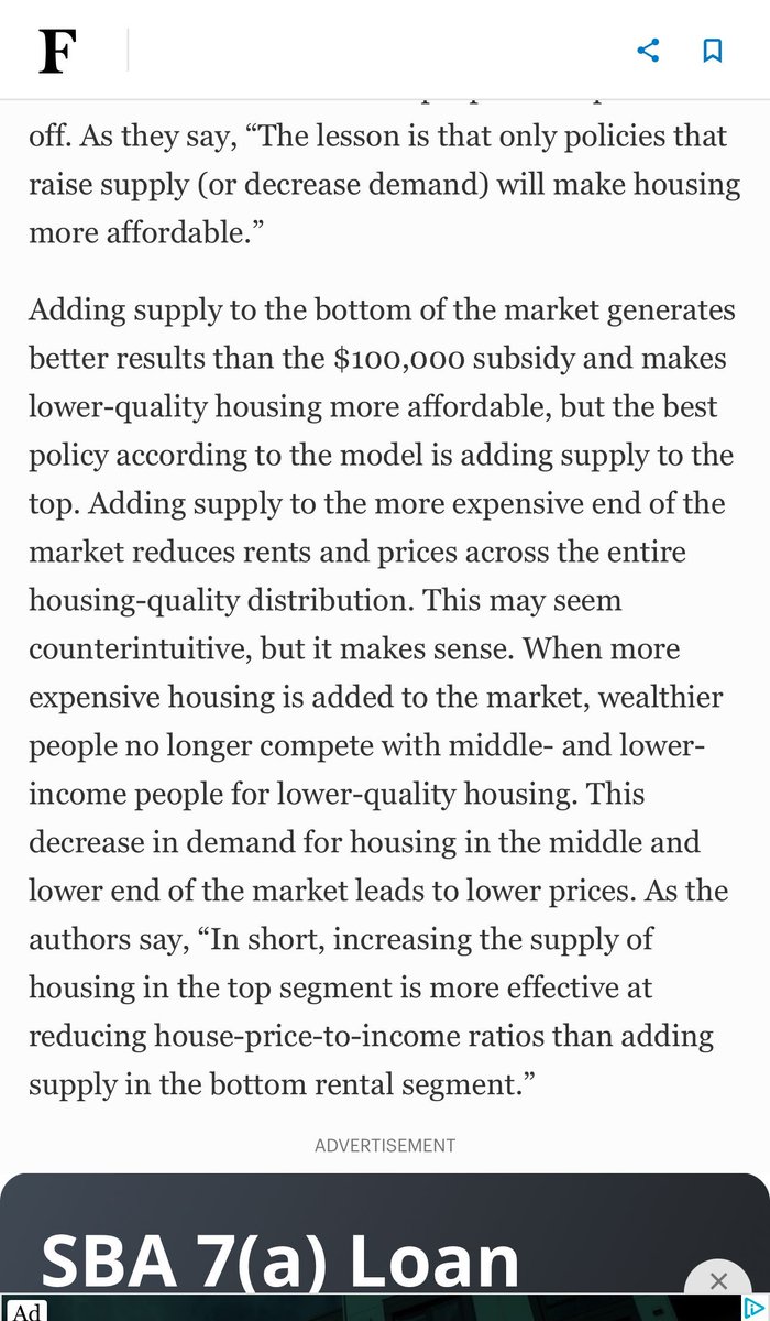 “In short, increasing the supply of housing in the top segment is more effective at reducing house-price-to-income ratios than adding supply in the bottom rental segment.”
 forbes.com/sites/adammill…