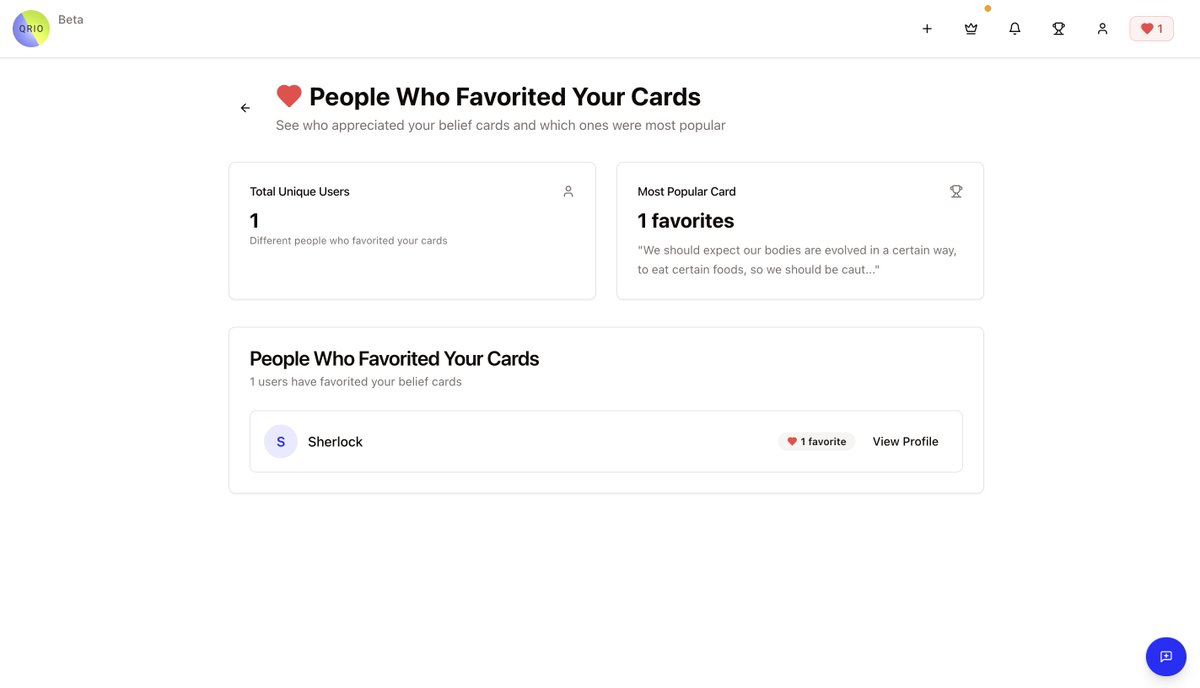 OriginalStacia's tweet photo. Now you can save your favorite cards in Qrio!

And when people "favorite" your cards, you will be awarded with a "heart" and can see who favorited your card.

This incentivizes people to create valuable cards and gives people a way to bookmark their favorites. https://t.co/3Cv08g3Klg