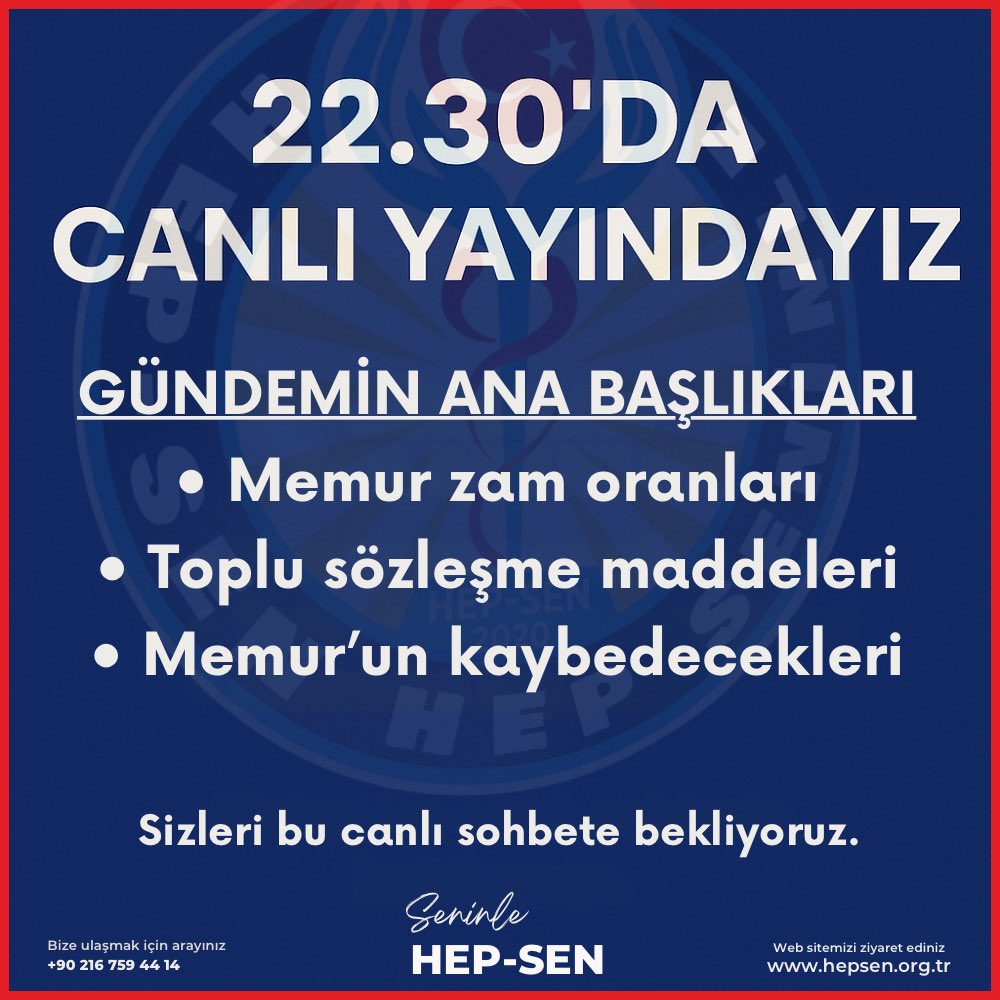 CANLI YAYIN DUYURUSU! 

GÜNDEMİN ANA BAŞLIKLARI
• Memur zam oranları
• Toplu sözleşme maddeleri
• Memur’un kaybedecekleri

Sizleri bu canlı sohbete bekliyoruz.

#SefaletTeklifineCevabımızGrev
#MemurAnkaraYolunda #MemurHakkınıİstiyor #SadakaTeklifeHayır #MemurMaaştaFarkYedi