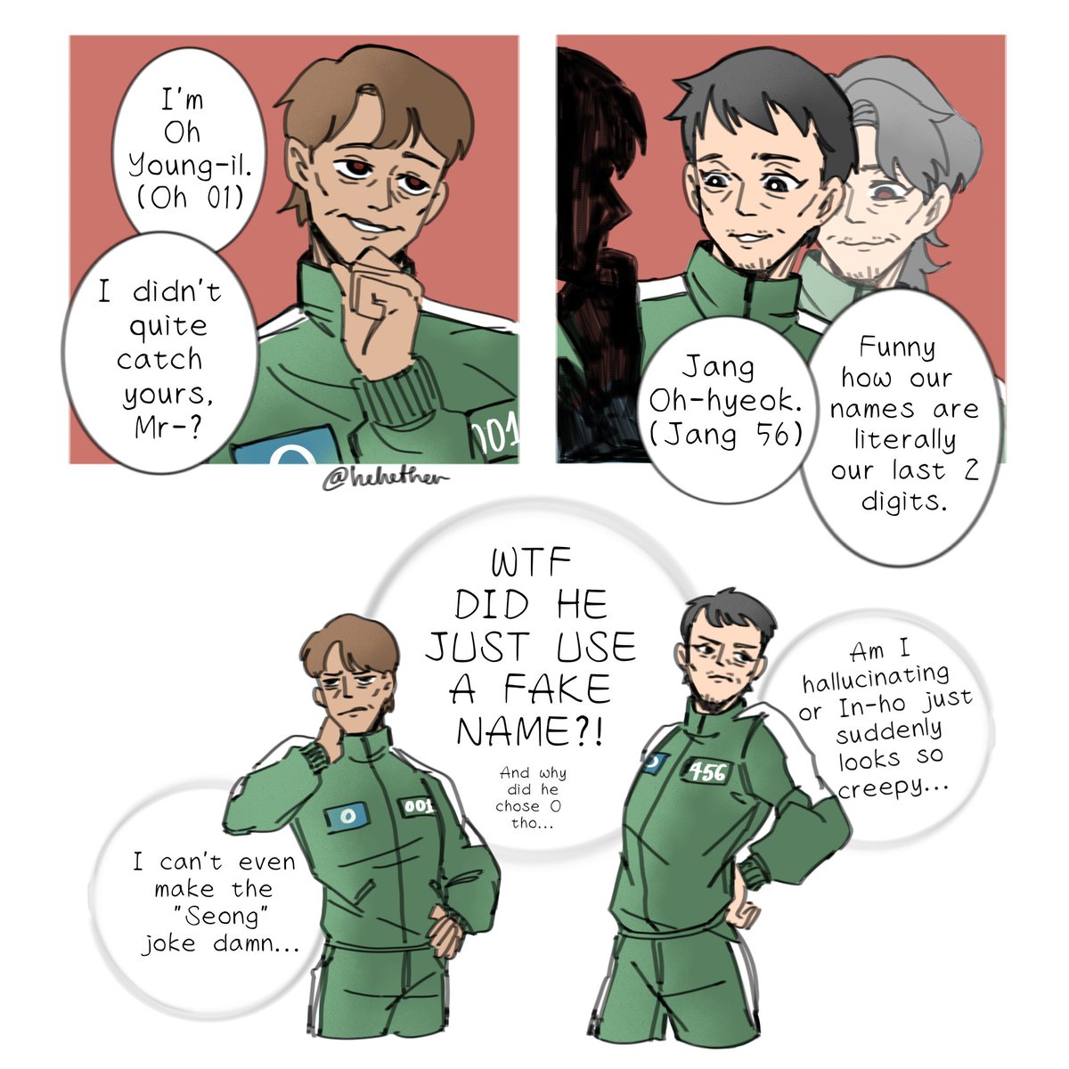 Frontman Gihun of ReverseAU woke up in og Gihun's body just before the 1st vote in ss2, but he didnt know it. Ofc he chose O, and began his manipulative game with his previous little winner player 001 as planned (or just he thought).
Tbh both of them feel something off.
#inhun