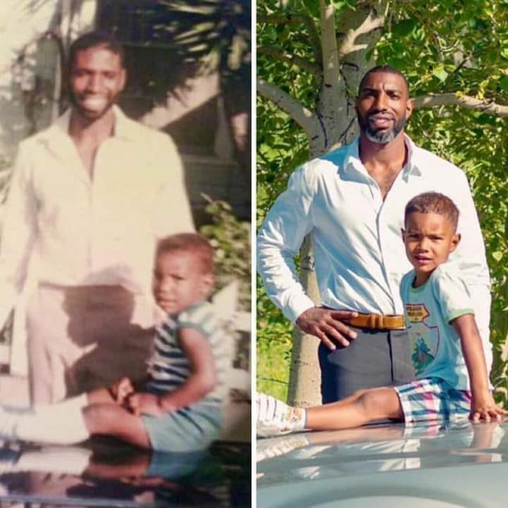 Phoțos taken 30 years apart. My dad at age 33 and me at age 3 on the left. And me at age 34 and my son and age 3 on the right.