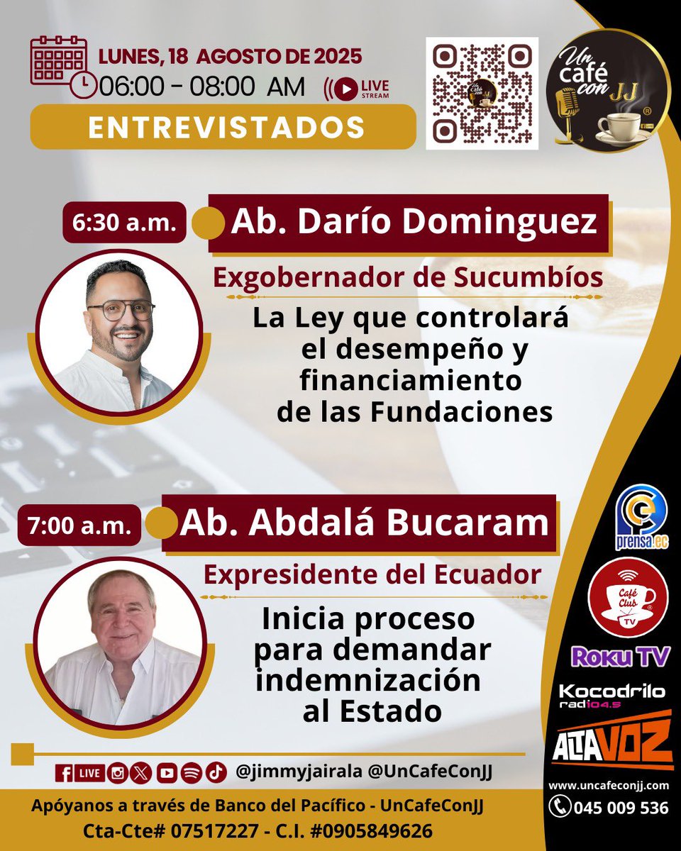 Un Café con JJ (@uncafeconjj) on Twitter photo 🎙️LOS INVITADOS DE MAÑANA EN <a href="/UnCafeConJJ/">Un Café con JJ</a>
<a href="/Altavozecu/">Altavoz</a> <a href="/PrensaEc1/">PrensaEc</a> <a href="/CafeClub_Lat/">CafeClubTv</a> <a href="/JuanSJairala/">Juan Sebastian Jairala</a> 🎙️LOS INVITADOS DE MAÑANA EN <a href="/UnCafeConJJ/">Un Café con JJ</a>
<a href="/Altavozecu/">Altavoz</a> <a href="/PrensaEc1/">PrensaEc</a> <a href="/CafeClub_Lat/">CafeClubTv</a> <a href="/JuanSJairala/">Juan Sebastian Jairala</a>
