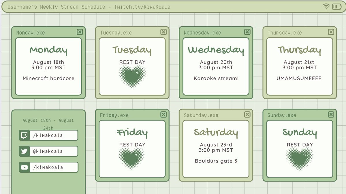Stream schedule for this week!

Sister in law Is very close to having baby, so I may rearrange schedule depending on when she goes into labor!

Hope you are all having a wonderful Sunday!!

#vtuberEN #karoke #Minecraft #umamusume #bg3
