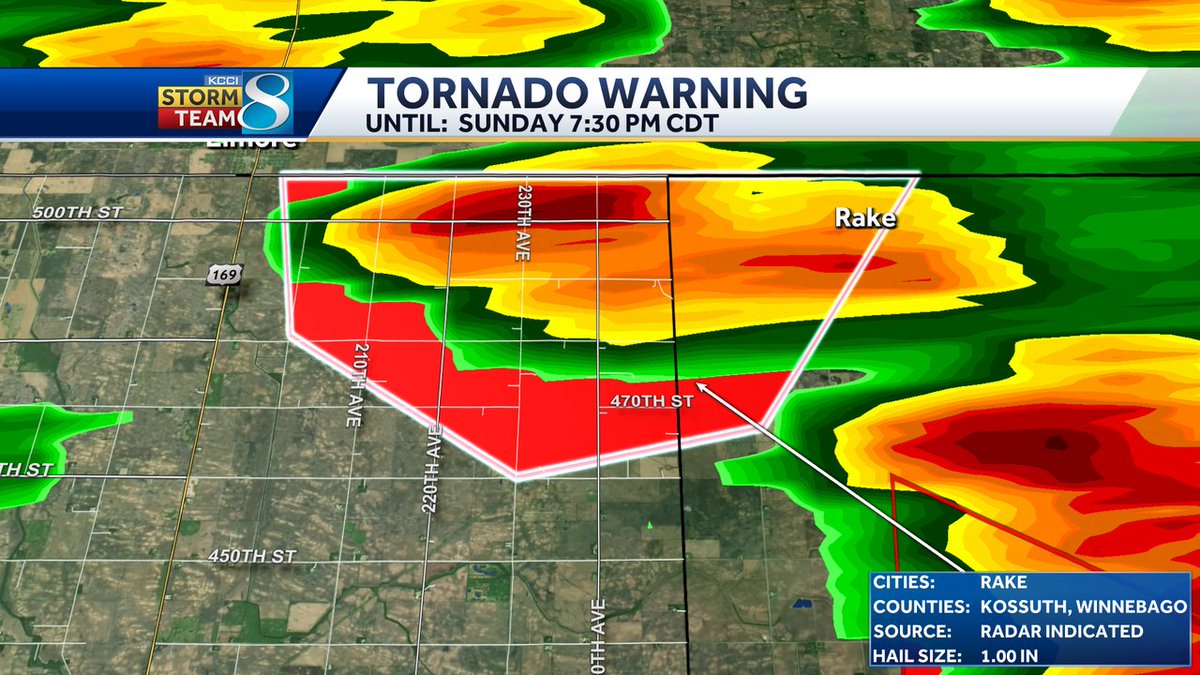A Tornado Warning has been issued for Winnebago, Kossuth until Aug 17 7:30PM. A tornado could develop with this storm at any time. Seek shelter immediately! Check KCCI for the latest information. #iawx