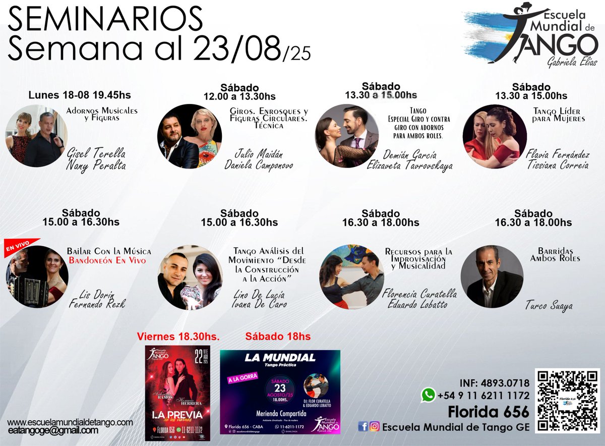 ✨SEMINARIOS PRESENCIALES + PRÁCTICAS✨
Semana 1️⃣8️⃣ 𝐚𝐥 2️⃣3️⃣ 𝐝𝐞 AGOSTO 2️⃣5️⃣
✅HORARIOS: mailchi.mp/4a76959e1a19/c…
📭 𝐅𝐥𝐨𝐫𝐢𝐝𝐚 𝟔𝟓𝟔, 1er piso, CABA, 🇦🇷
📱 +54 9 11 6211 1172
☎️ 011- 4893-0718
📧eatangoge@gmail.com
🌐 escuelamundialdetango.com
#tangoclass #tango