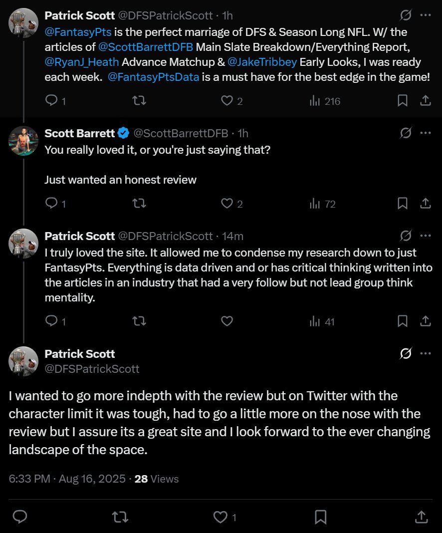 Scott Barrett (@scottbarrettdfb) on Twitter photo Last year, I gave this DFS player and PGA tout a free <a href="/FantasyPts/">Fantasy Points</a> sub in exchange for an honest review at year's end
Here's his honest review: Last year, I gave this DFS player and PGA tout a free <a href="/FantasyPts/">Fantasy Points</a> sub in exchange for an honest review at year's end
Here's his honest review: