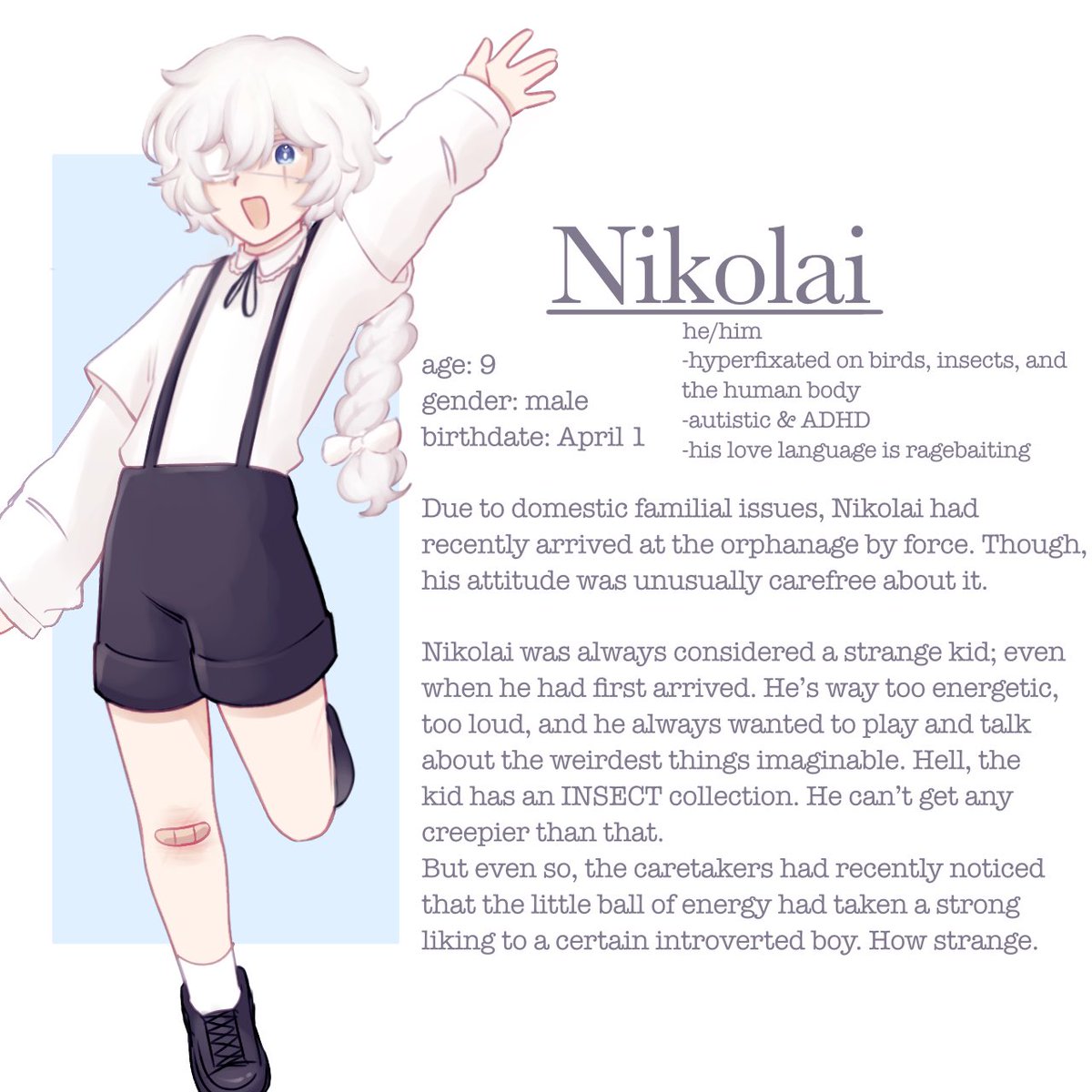 st4rs4amy's tweet image. Siglai kid/orphanage AU designs🍪🕊️
I also have a Fyodor design brewing since he’s in this AU as well🤍
#siglai #bsd #AU