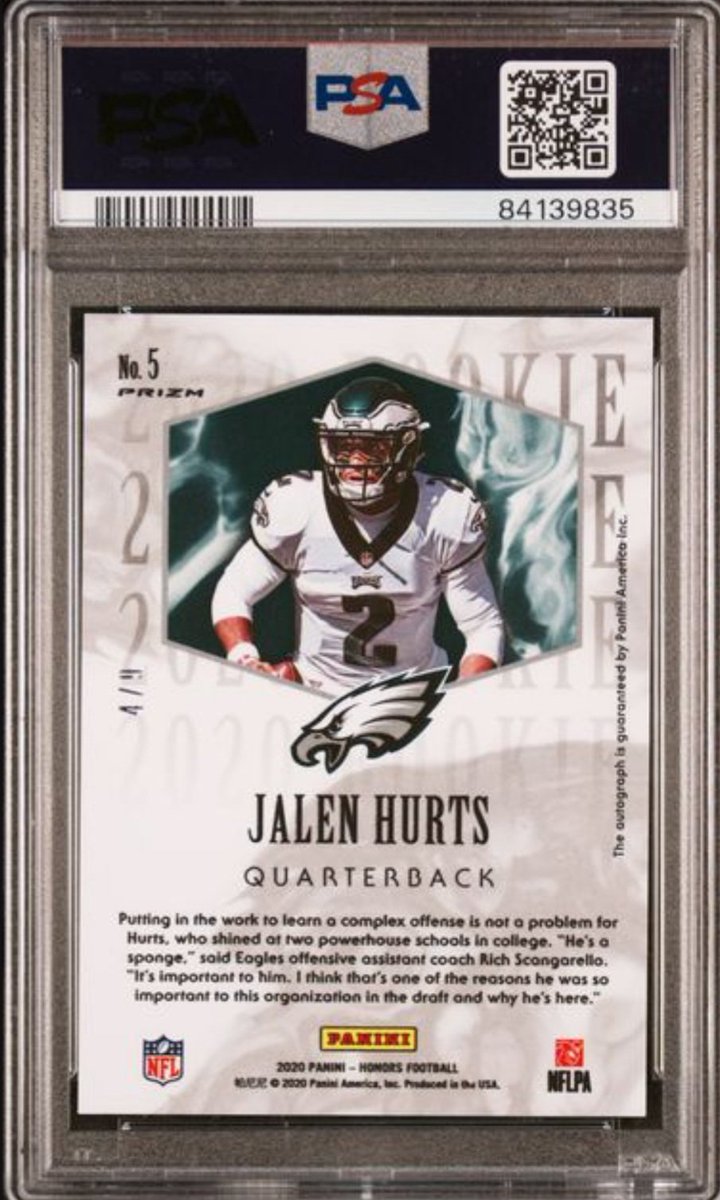 GradedLegends's tweet image. Jalen Hurts 2020 Panini Honors Purple Serial #4/9 PSA 10 Autograph Rookie Philadelphia Eagles

ebay.us/m/yFdIjr

#flyeaglesfly #NFL #Philly #Sportscards #collectibles