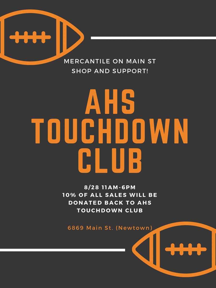 Please come and support this wonderful local small business owned by an Anderson Family for our Annual Sip &amp; Shop at Mercantile on Main on 8/28 from 11am-6pm.

🧡🖤Lots of unique Raptor gear🧡🖤

Touchdown Club will receive 10% of all sales!