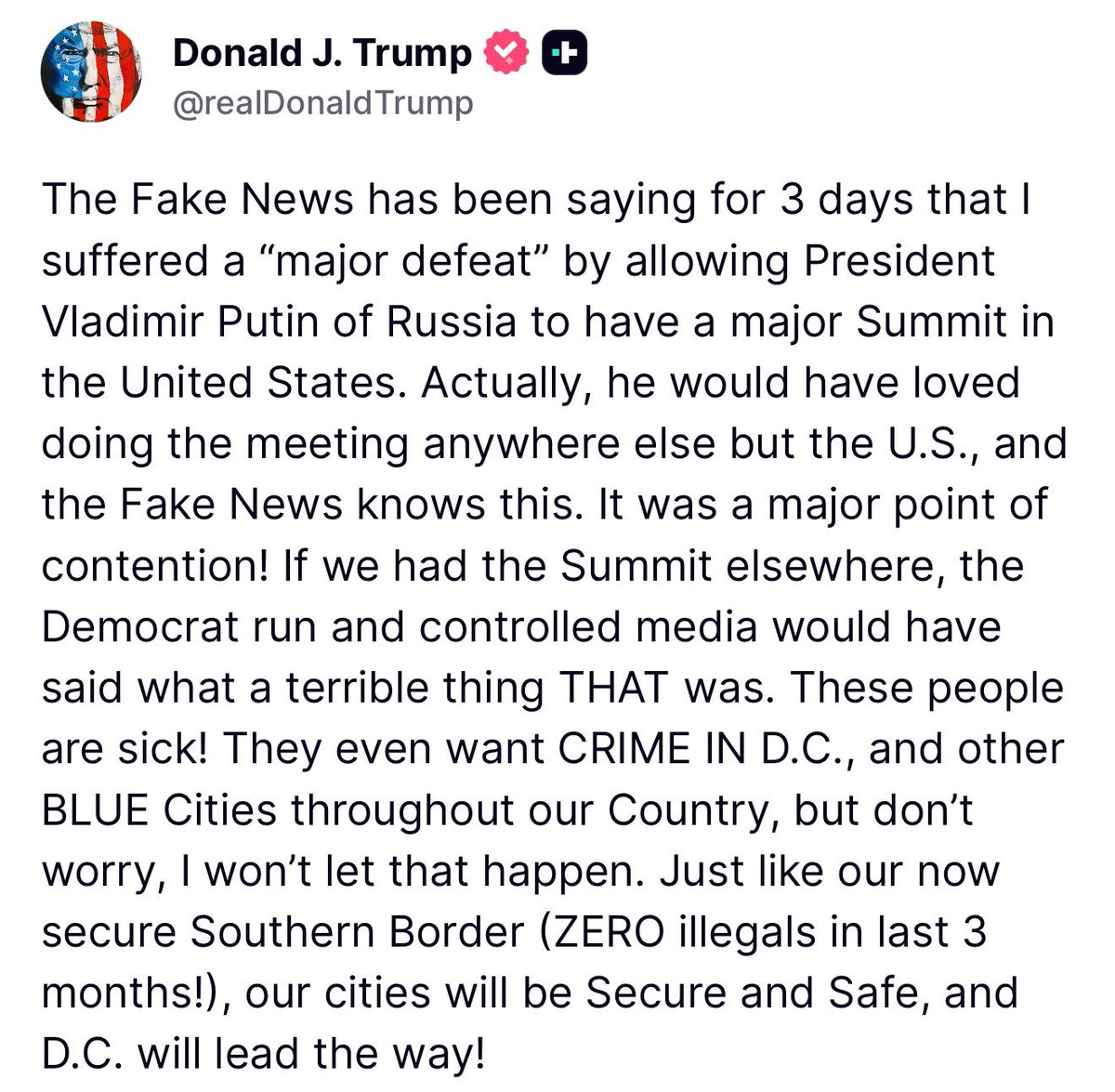 🚨 BREAKING: President Trump absolutely nukes the press for saying he suffered a "'major defeat' by allowing President Vladimir Putin of Russia to have a major Summit in the United States."

"Actually, he would have loved doing the meeting anywhere else but the U.S., and the Fake