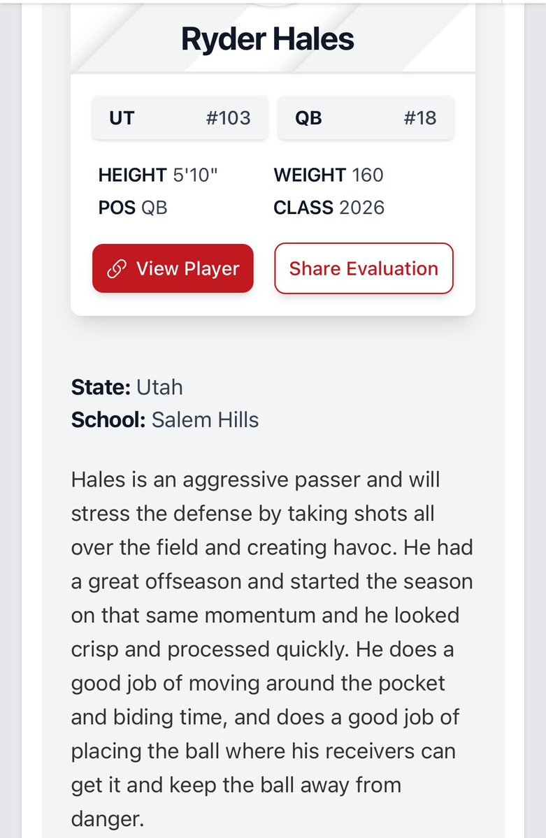 Ryder Hales (@ryderhales12) on Twitter photo Thanks for the write up <a href="/Andy_Pham1/">Andy</a> honored to be mentioned with these other incredibly talented QB’s.
<a href="/BallCoachHP/">Recruiting 1-0-1</a> <a href="/247Sports/">247Sports</a> <a href="/SlingintheP/">Slingin’ the Pill Media™️</a> <a href="/PrepRedzoneUT/">Prep Redzone Utah</a> <a href="/utahpreprag/">Utah Prep Rag</a> <a href="/CSAPrepStar/">PREPSTAR</a> <a href="/JeffHigginson/">Coach Jeff Higginson</a> <a href="/desnewssports/">Deseret News Sports</a> <a href="/heraldextra/">Daily Herald</a> <a href="/jarenhall3/">Jaren Hall</a> <a href="/HigginsonJoel/">Joel Higginson</a> Thanks for the write up <a href="/Andy_Pham1/">Andy</a> honored to be mentioned with these other incredibly talented QB’s.
<a href="/BallCoachHP/">Recruiting 1-0-1</a> <a href="/247Sports/">247Sports</a> <a href="/SlingintheP/">Slingin’ the Pill Media™️</a> <a href="/PrepRedzoneUT/">Prep Redzone Utah</a> <a href="/utahpreprag/">Utah Prep Rag</a> <a href="/CSAPrepStar/">PREPSTAR</a> <a href="/JeffHigginson/">Coach Jeff Higginson</a> <a href="/desnewssports/">Deseret News Sports</a> <a href="/heraldextra/">Daily Herald</a> <a href="/jarenhall3/">Jaren Hall</a> <a href="/HigginsonJoel/">Joel Higginson</a>