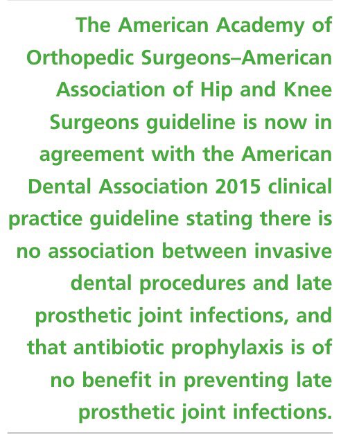 💊🛑 تحديث جديد بأنه لاحاجه لوصف المضادات الحيوية قبل إجراءات طب الأسنان للمراجعين الذين لديهم مفاصل صناعية. وأنه لافائدة من المضادات الحيوية لمنع التهابات المفاصل..