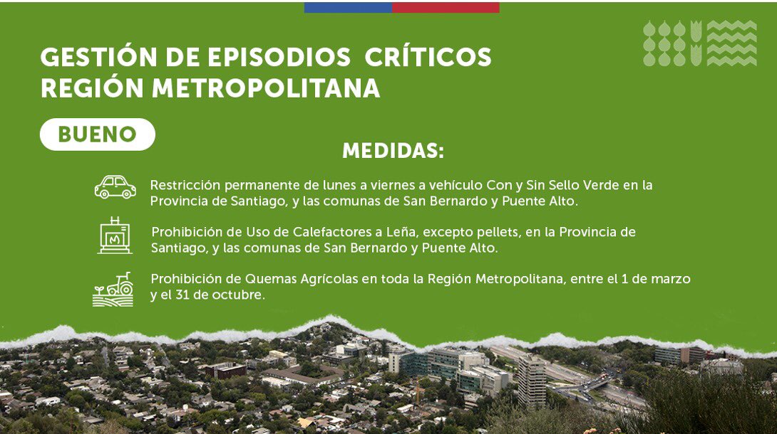 #𝗚𝗘𝗖_𝗥𝗠 | Medidas GEC:

🔸Prohibidos los 🪵 #CalefactoresLeña en la Prov. Stgo + P. Alto y S. Bdo

🔸Prohibidas las 🔥 #QuemasAgrícolas en toda la #RM

🔸 Restricción Vehicular 🚗 según calendario 👉🏻bit.ly/ResVeh2025 y rige para toda la Prov. Stgo + P. Alto y S. Bdo
