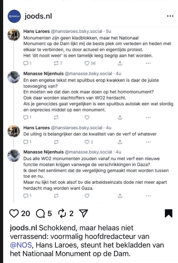 De voormalige hoofdredacteur van de NOS steunt het bekladden van het Nationale Monument. Niet verrassend maar wel schokkend hoe diep men daar is gezakt.